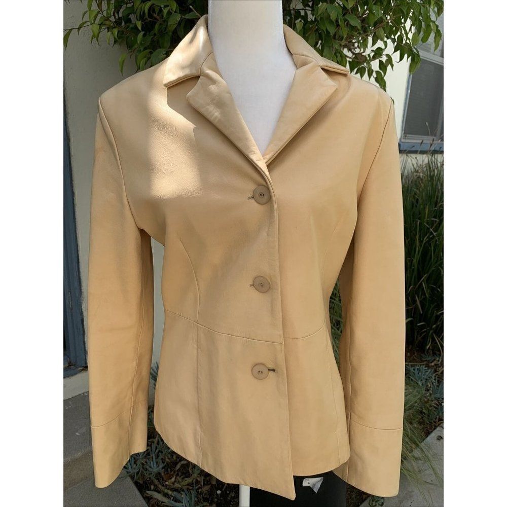 redi womens solid beige 100% pelle leather long sleeve jacket 46 large Italy